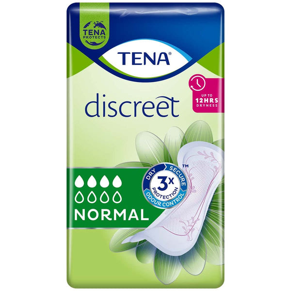 A 12-pack of Tena Discreet Pads Normal, featuring Tena’s green and blue branding, up to 12 hours dryness, odour control, absorbent technology icons, and an image of the pad—ideal for light bladder leakage.