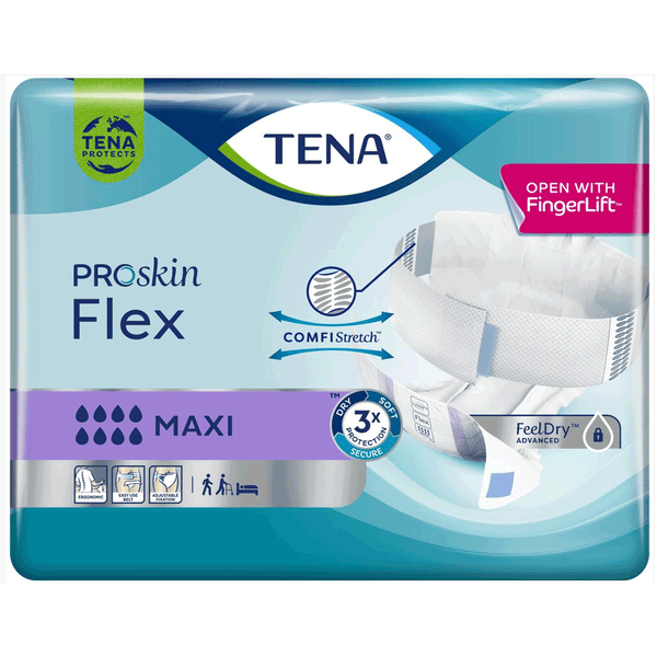 The Tena Proskin Flex Maxi M (22 Pack) packaging features the Tena logo, product image, blue and green colors, plus icons emphasizing comfort, maxi absorbency, and FeelDry Advanced technology.