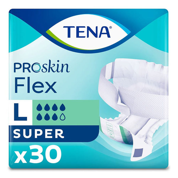 Tena Pro Skin Flex Super Large (30 Pack) briefs offer comfort and super absorbency with ProSkin Technology. The teal pack shows an open brief and absorbency icons.