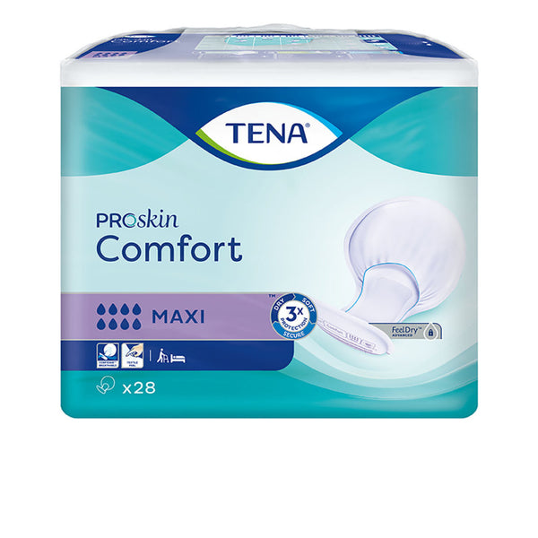 A 28-pack of Tena ProSkin Comfort Maxi incontinence pads by Tena, featuring advanced absorbent technology. Blue and white packaging displays the product name and an image of a pad on the front.