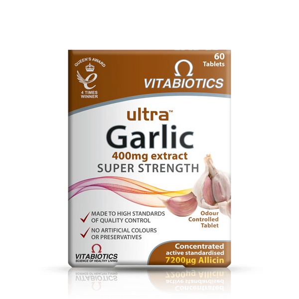 The Vitabiotics Super Strength Garlic-400MG packaging features a garlic illustration highlighting 400mg Garlic Extract, Super Strength, and Concentrated 7200mg Allicin to support immune function. It promotes an “Odour Controlled Tablet” and underscores rigorous quality control by Vitabiotics.