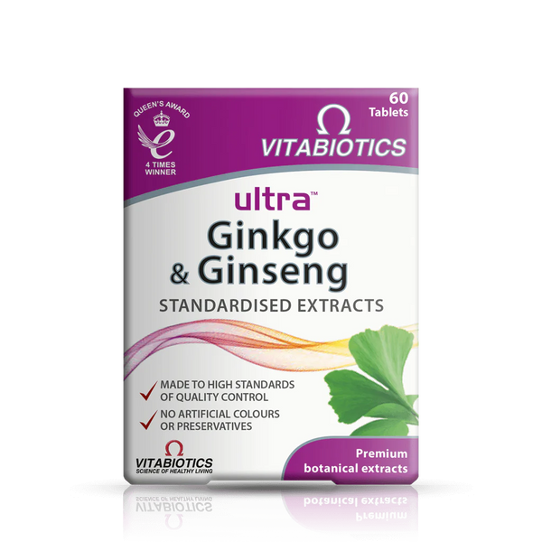 Vitabiotics Ultra Ginko and Ginseng (60 tablets) contains premium botanical extracts, including Ginkgo Biloba and Siberian Ginseng, to support cognitive function. Features distinctive packaging with colorful graphics and ginkgo leaves.