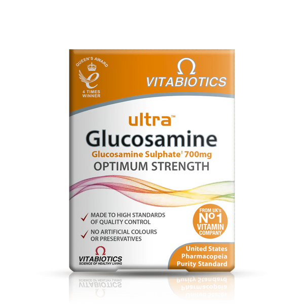 Vitabiotics Ultra Glucosamine-Optimum Strength (60 Tablets) is USP grade, sodium salt-free, devoid of artificial colors or preservatives, and features approval badges alongside award-winning branding and high standard claims.
