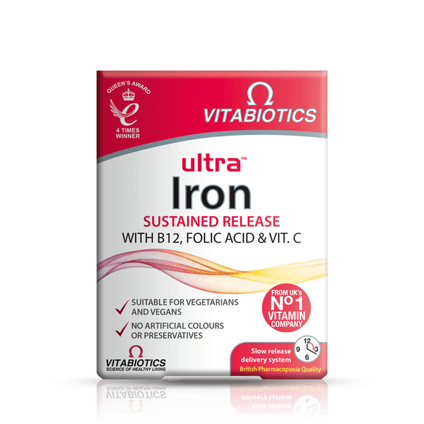 Front view of Vitabiotics Ultra Iron Tablets (30 Pack) box, featuring sustained release, added vitamin B12 and folic acid for better iron absorption, plus icons for vegetarian and vegan suitability with no artificial colours or preservatives.