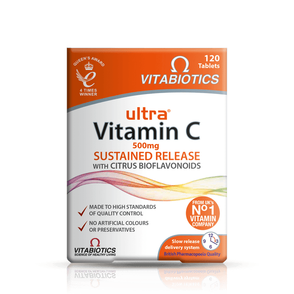 Vitabiotics Ultra Vitamin C with Bioflavonoids (120 Tablets) provides 500mg slow-release vitamin C for immune support, with citrus bioflavonoids, and contains no artificial colors or preservatives. High quality from Vitabiotics.
