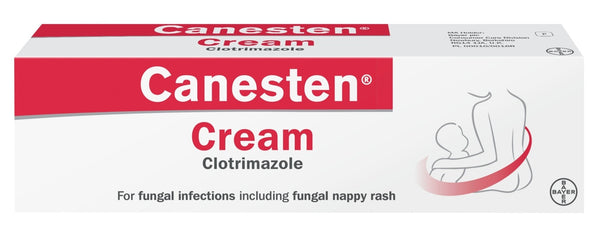 The image shows a 20g box of Canesten Cream with Clotrimazole, used for fungal infections like nappy rash. The packaging is white with red accents and an illustration of an adult holding a child.
