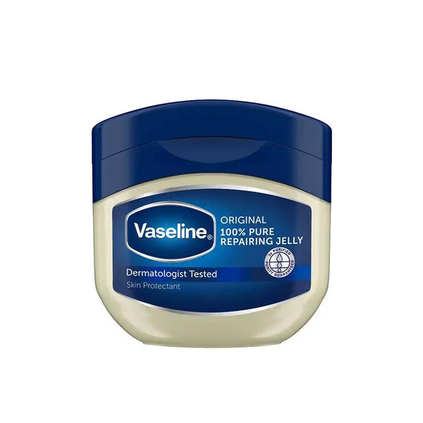 The 50ml Vaseline Petroleum Jelly features a navy blue lid, highlights its triple-purified formula as Dermatologist Tested, and promotes itself as a skin protectant.