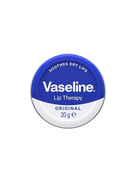 A round tin of Vaseline Lip Therapy Original (20g) in blue and white packaging offers soothing relief for dry lips, highlighting its moisturization benefits with Soothes Dry Lips.