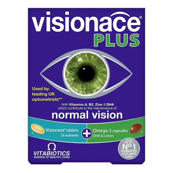 The Visionace Plus by Vitabiotics, endorsed by UK optometrists to support eye health, features a vivid green eye on its distinctive purple packaging. It includes Visionace tablets and Omega-3 capsules crucial for normal vision.