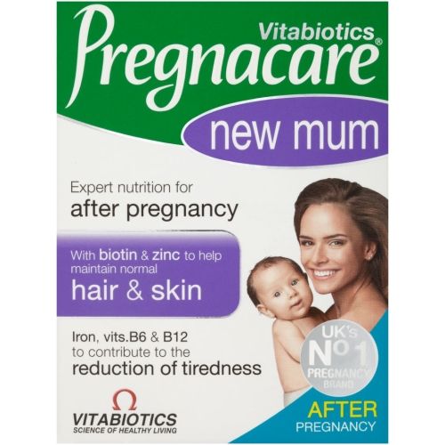 Image of Vitabiotics Pregnacare New Mum (56 Tablets) box. Highlights postnatal nutrition with biotin and zinc for hair and skin, plus iron, vitamins B6 and B12 for reducing tiredness. Ideal for new mothers, it features a smiling woman holding her baby.
