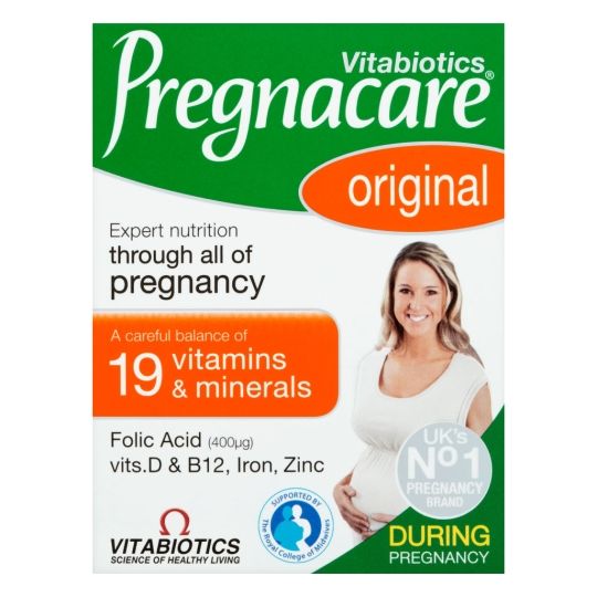 Image of Vitabiotics Pregnacare Original 30 Tablets box with a smiling pregnant woman highlights prenatal support from folic acid, vitamins D and B12, iron, and zinc. It claims to be the UKs number one pregnancy brand.