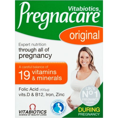 A box of Vitabiotics Pregnacare Original (90 Tablets), featuring a smiling pregnant woman, highlights 19 essential nutrients for pregnancy including folic acid, Vitamin D, B12, Iron, and Zinc.