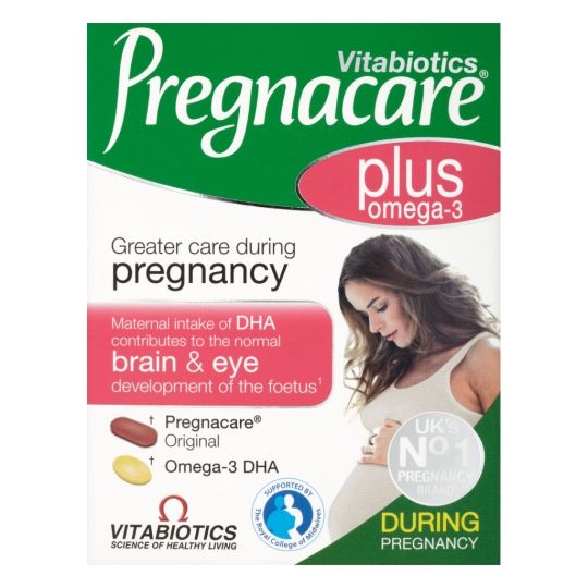 The Vitabiotics Pregnacare Plus Omega-3 Dual Pack (56 pack) features a pregnant woman touching her belly, highlighting brain and eye development benefits for the fetus. It displays two capsule images, promoting the UKs No.1 pregnancy supplement with essential Omega-3 DHA.