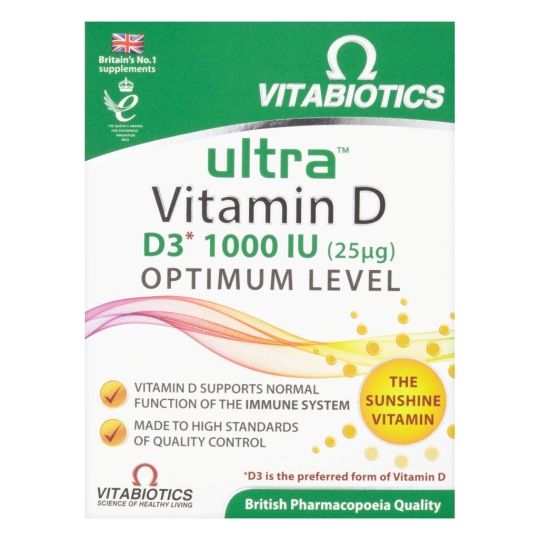 The image features a Vitabiotics Ultra Vitamin D-1000IU box with 96 tablets. It has a white background with colorful wave graphics, highlighting its benefits for strong bones and immune system support. The label includes Sunshine Vitamin and reflects British Pharmacopoeia quality with Vitabiotics branding.