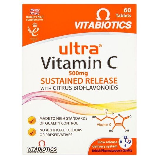 Vitabiotics Ultra Vitamin C Tablets with Bioflavonoids (60s) offer 500mg sustained release immune support, quality assured, no artificial colors or preservatives. Packaging features a Vitamin C molecule and highlights citrus bioflavonoids.