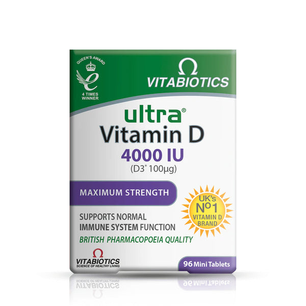 Image of Vitabiotics Ultra Vitamin D Maximum Strength 4000IU – (96 Tablets) package. The white box with green accents highlights its immune support and calcium absorption benefits, displays the UK No. 1 Vitamin D brand badge, and contains 96 mini tablets.