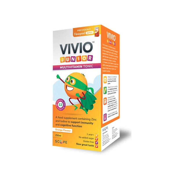 Scope’s Vivio Junior Multivitamin Tonic (250ml) for kids 1+ features an orange cartoon hero and delivers essential vitamins to support immune health and cognitive development, all in an orange flavor.
