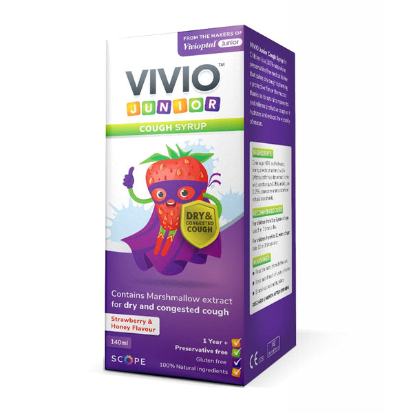 Scope Vivio Junior Cough Syrup (140ml) for ages 1+, with strawberry & honey flavor, natural ingredients, and a fun cartoon strawberry superhero. Provides dry cough relief for children.
