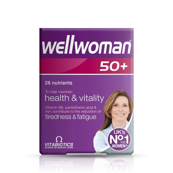 Vitabiotics Wellwoman 50+ (30 tablets) purple box for women over 50 features a smiling woman, highlights 26 nutrients for bone health and vitality, claims to reduce tiredness, and displays UK’s No.1 supplement badge and Vitabiotics branding.