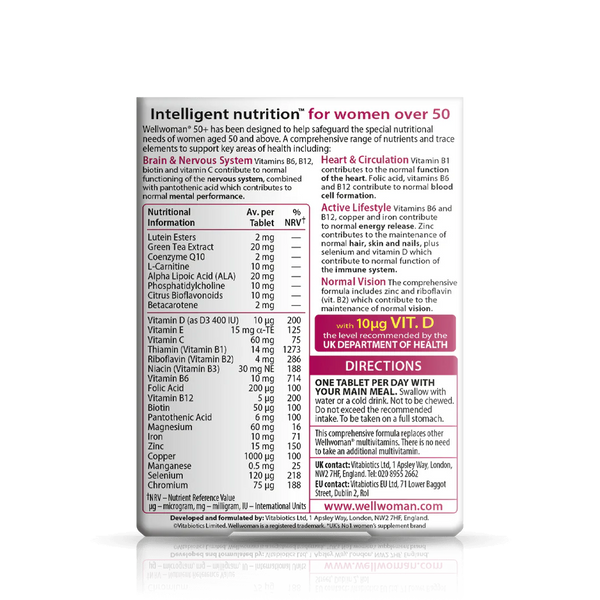 Back of a Vitabiotics Wellwoman 50+ (30 tablets) box with a nutritional table, usage directions, and ingredients. Features purple, pink, and black text on white and highlights support for vitality and bone health for women over 50.