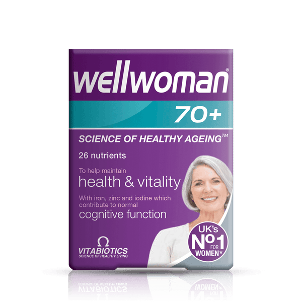 A purple box of Vitabiotics Wellwoman 70+ Essential Nutrients for Women (30 Tablets) features a smiling older woman and highlights immune support, vitality, Science of Healthy Ageing, 26 nutrients, and UKs No.1 for Women. For women aged 70+.