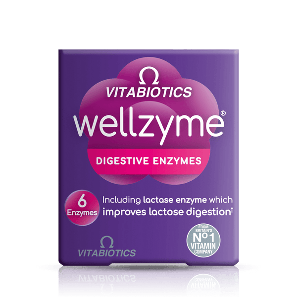 Vitabiotics Wellzyme 6 offers a purple box of 60 digestive enzyme capsules, including lactase, to aid digestion and improve lactose breakdown. The packaging highlights From Britains No. 1 Vitamin Company.