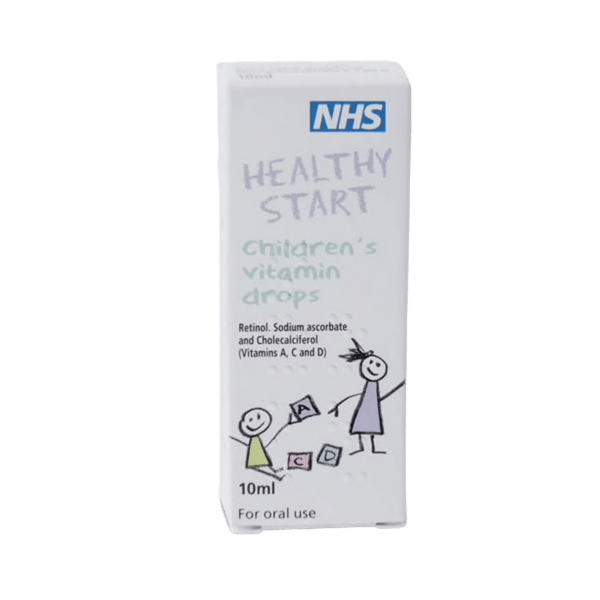 A 10 ml box of Healthy Start Childrens Vitamin Drops for oral use comes in white packaging adorned with child-like drawings, listing essential vitamins A, C, and D for healthy growth and development.