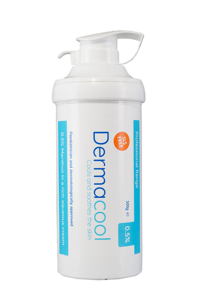 The Dermacool Pump Dispenser Menthol in Aqueous Cream (500g) features 0.5% Menthol, SLS Free, Professional Range, offering cooling skin relief. This dermatologically approved white bottle ensures a trusted experience by soothing the skin effectively.