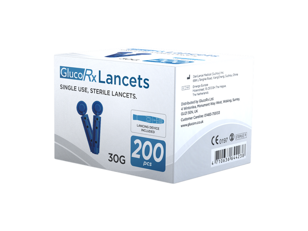 A box of GlucoRx Glucorx Lancets contains 200 sterile, single-use pieces for blood glucose monitoring. The white packaging with blue text and a lancet illustration is ideal for diabetes management.