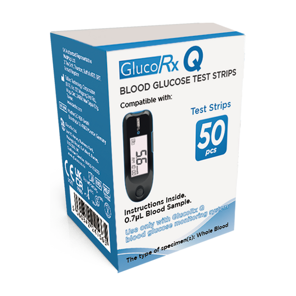 The GlucoRx Glucorx Q Test Strips box in blue and white is labeled compatible with and shows a test strip image next to a meter reading 5.6. It contains 50 strips, needing only 0.7μL of blood for effective glucose monitoring using specific systems, ideal for diabetes management.