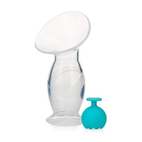 The Nuby Silicone Breast Pump (75ml) by 121 Pharmacy features a wide opening and teal stopper for spill prevention, embodying comfort with its soft, ergonomic design.