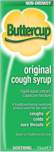 Buttercup Original Syrup (75ml) comes in green packaging and offers non-drowsy, soothing relief for coughs and colds. This herbal formula contains squill liquid extract and capsicum tincture for effective sore throat relief.