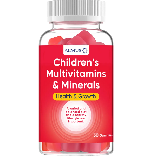 A clear bottle labeled Almus Multivitamins and Minerals Strawberry Gummies (30 chews) contains red vegetarian gummies. The label highlights immune support, health & growth, plus the need for a balanced diet and healthy lifestyle.