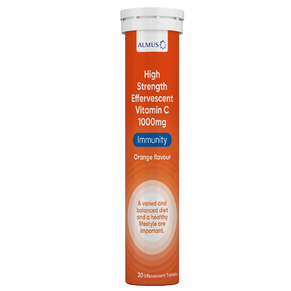 A tube of Almus High Strength Effervescent Vitamin C 100mg (20s), labeled for immune support, features orange packaging and highlights the importance of a balanced diet and healthy lifestyle.