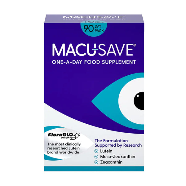 The image shows a blue and white Macu-Save 90-capsule pack, highlighting daily supplements of macular carotenoids—Lutein, Meso-Zeaxanthin, and Zeaxanthin—with the FloraGLO Lutein logo.