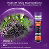 A cluster of ripe black elderberries hangs from a branch with green leaves. Next to it, Sambucol Immuno Forte Black Elderberry Effervescent (15 tablets) delivers vitamin C and zinc for immune support and energy.
