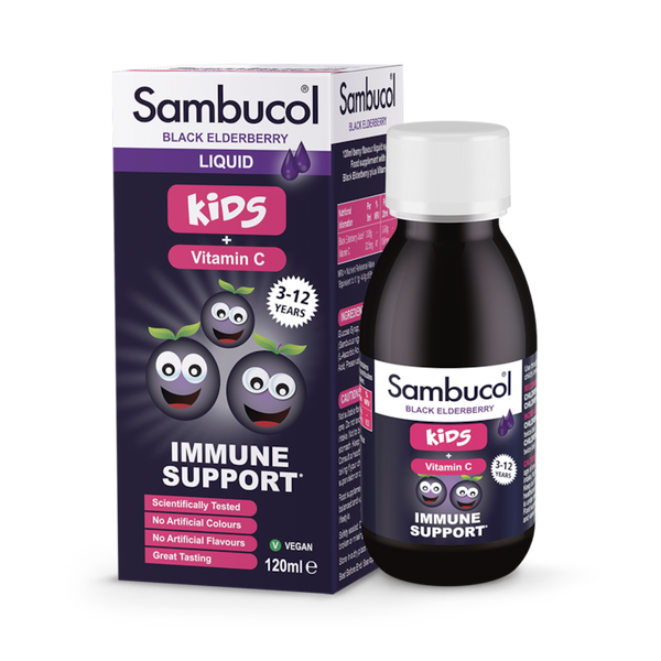 Sambucol Kids Liquid (120ml) by Sambucol, for ages 3-12, comes in purple packaging with three smiling cartoon elderberries. Labeled Immune Support with Vitamin C, Black Elderberry helps support kids’ immunity.