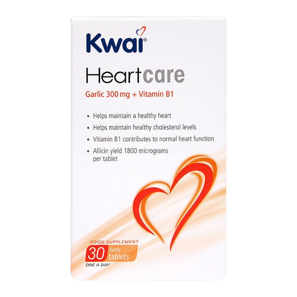 Box of Kwai Heartcare One A Day Supplement by Precision with 300 mg garlic and Vitamin B1. Supports heart health, healthy cholesterol, and normal heart function. Contains 30 daily tablets. Features an orange heart graphic for cardiovascular well-being.