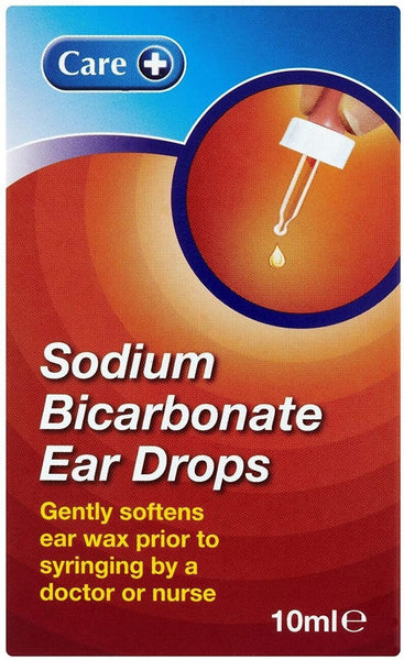 The red and orange packaging of Care Sodium Bicarbonate Ear Drops (10ml) shows a dropper dispensing liquid. It reads: Gently softens ear wax for effective removal before syringing by a doctor or nurse.