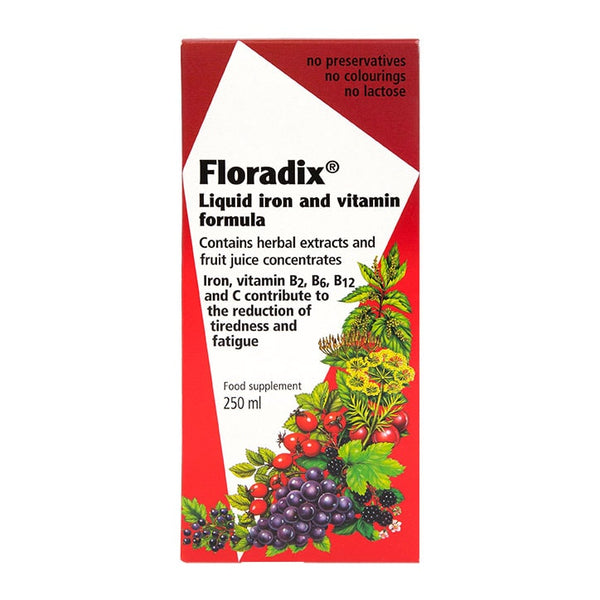 A 250ml box of Floradix Liquid Iron & Vitamin Formula by Floradix showcases red and white packaging, free of preservatives, colorings, and lactose. Featuring fruit and herb images, it highlights reducing tiredness from iron deficiency and supporting energy metabolism.