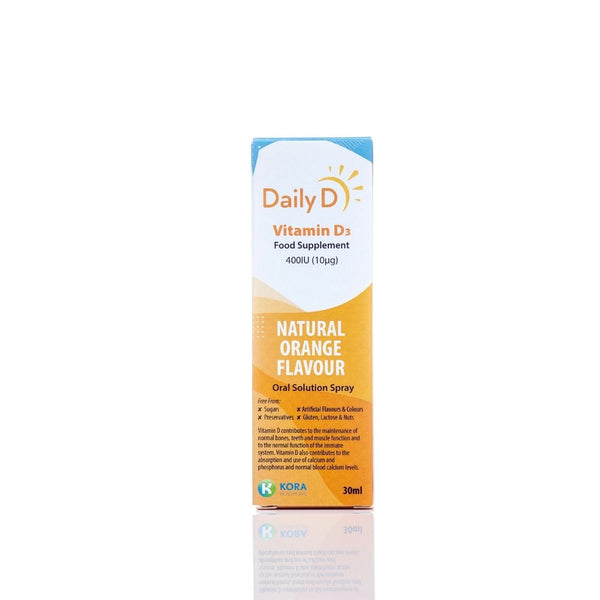 A blue and orange box labeled Dailyd 400IU Vitamin D3 Spray with Natural Orange Flavour and Oral Solution Spray in white text. The 30ml bottle supports immune function, topped with a sun icon above the brand, DailyD.