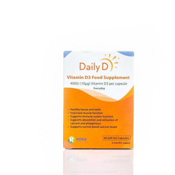 Image of a box of Dailyd 400Iu Vitamin D3 Capsules by DailyD. The orange and white packaging with a sun logo emphasizes benefits for bones, teeth, and immune system health. Includes 60 soft gel capsules for a 2-month supply.