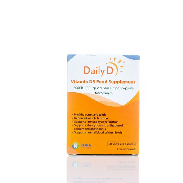 Dailyd 2000IU Vitamin D3 Capsules by DailyD enhance calcium absorption and support immune function. Each bottle has 60 soft gels, each with 2000IU (50µg) of Vitamin D3, in a white and orange package highlighting benefits like healthy bones and immune strength.