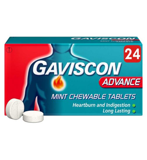 The Gaviscon Chewable Peppermint pack contains 24 tablets for relieving heartburn and indigestion. Packaging shows a chest with burning sensation, highlights Long Lasting benefits, and includes two tablet images.