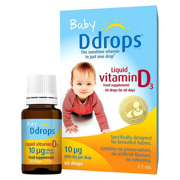 A box of Baby D Vit D3 Solution, a liquid supplement by Baby D, sits next to a brown bottle. The packaging features a baby in red and highlights dosage, awards, and suitability for breastfed infants.