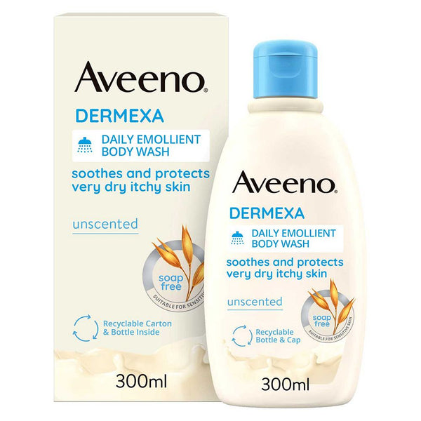 The Aveeno Dermexa Daily Body Wash (300ml) features a soothing oat complex in its packaging, with a white bottle and box indicating its unscented, soap-free formula that soothes and protects very dry, itchy skin. It is made from recyclable materials.