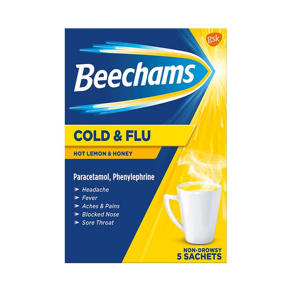 The Beechams Cold Flu Hot Lemon & Honey pack contains 5 sachets offering non-drowsy cold and flu relief, with paracetamol and phenylephrine for headache, fever, and aches. The packaging highlights a steaming cup image.