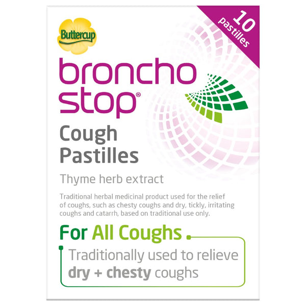 The image displays a Buttercup Broncho Stop Cough Pastilles package featuring a yellow flower logo, highlighting thyme herb extract for cough relief. It offers 10 pastilles designed to soothe dry and chesty coughs.