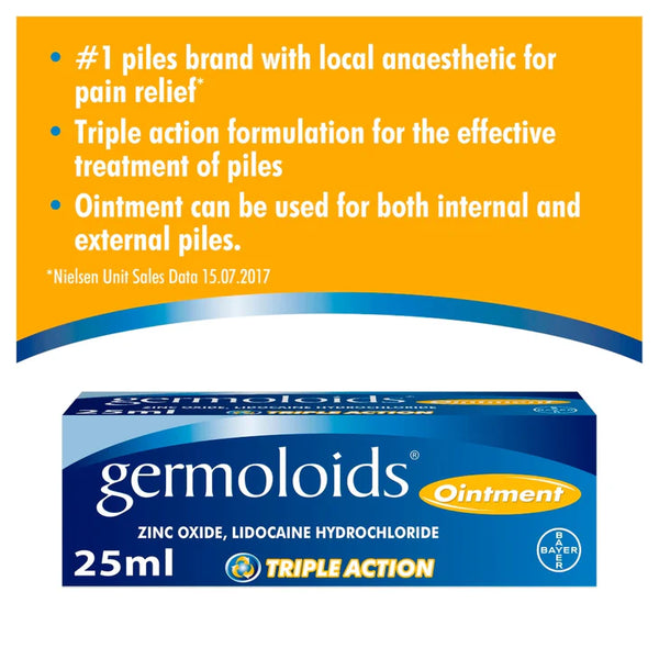 A promo image for Germoloids Ointment for Piles (25ml) by Germoloids highlights its triple action pain relief, zinc oxide formula, and suitability for internal and external haemorrhoid treatment.