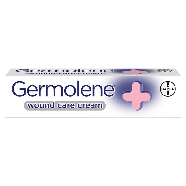 Image of a Germolene Wound Care Cream (30g) box with a pink cross design and the Bayer logo. The white packaging features blue and pink text, emphasizing its effectiveness in wound care with Chlorhexidine Dihydrochloride.